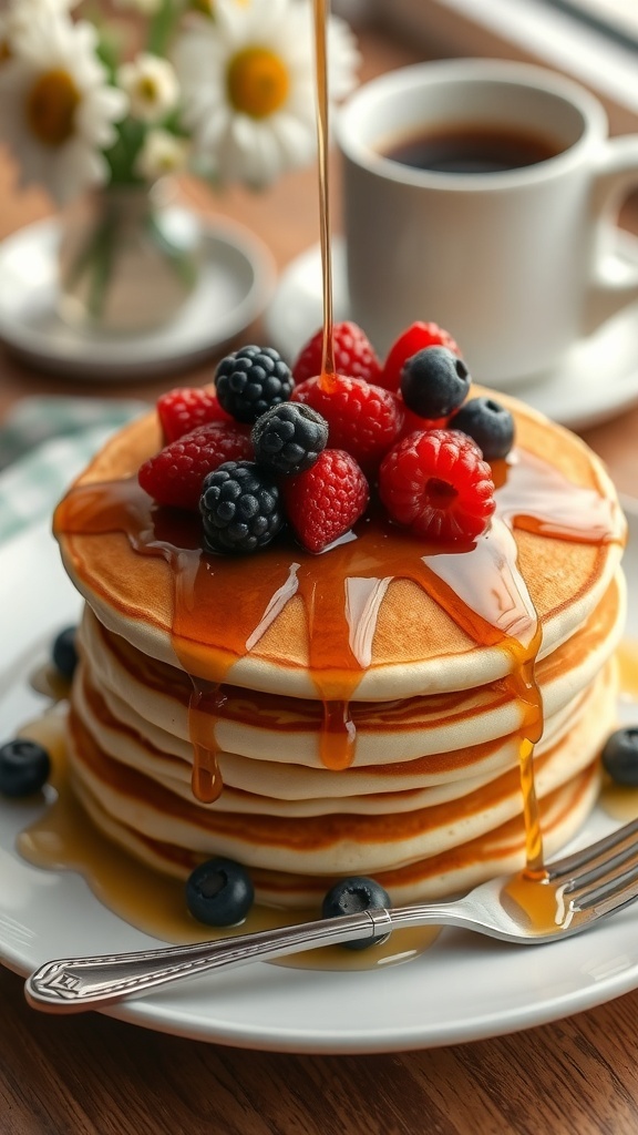A stack of fluffy pancakes with berries and syrup on a plate, accompanied by coffee and flowers.